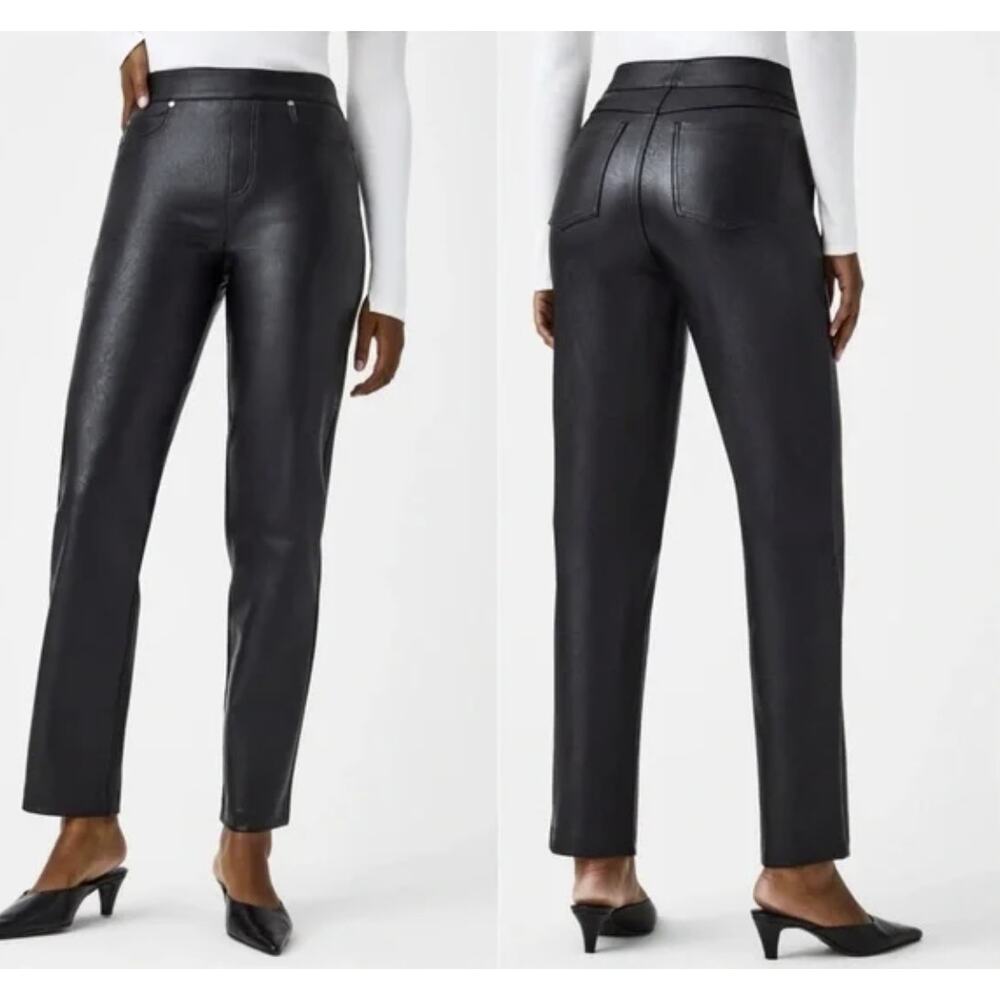 Spanx Faux Vegan Leather Slim Straight‎ Pants Black Size XL